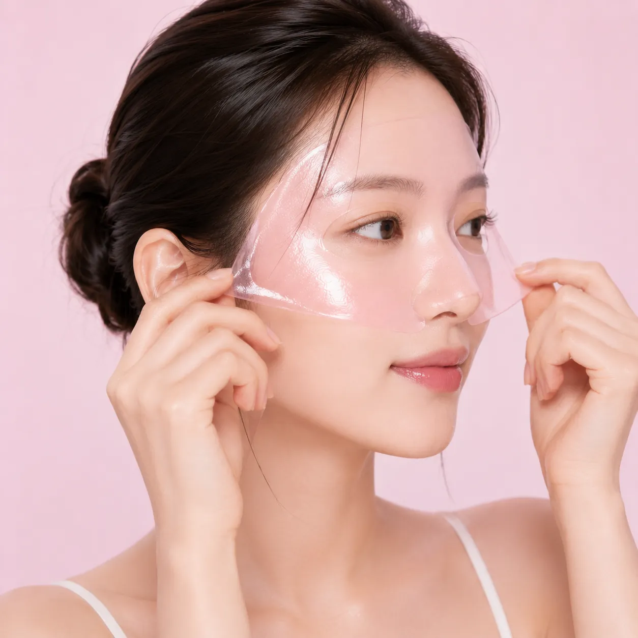 Model wearing the collagen gel mask